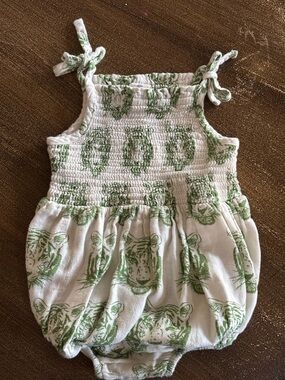 Kate Quinn Smocked Baby Romper with Green Tiger Print